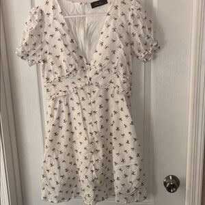 Anna Grace Pink and White Puff Sleeve Mini Dress